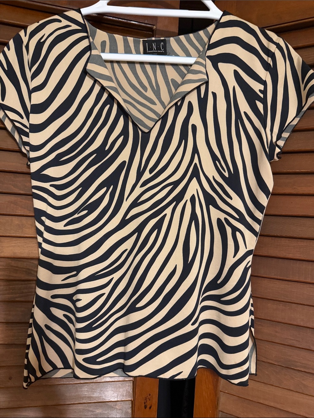 INC International Concepts Black and Cream Zebra-Print V-Neck Blouse